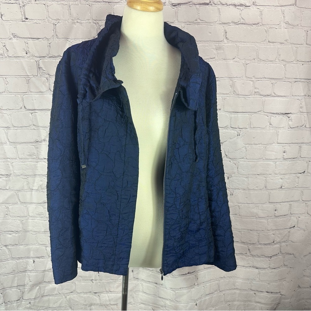 Chico's (2) Midnight Blue shimmery textured Crinkle Jacket womens L layer casual
